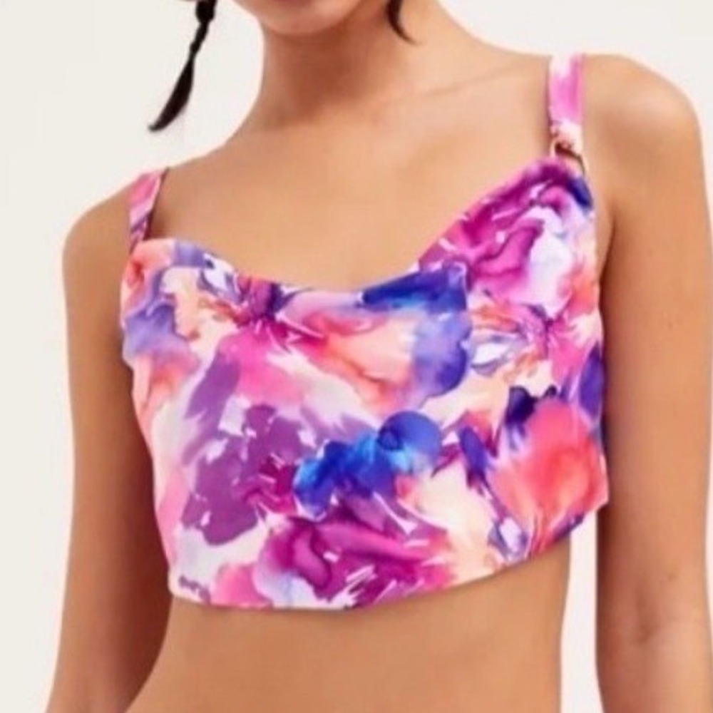 For Love & Lemons Floral Cowl Neck Crop Top O-Ring Tie Back Multicolor Large NWT